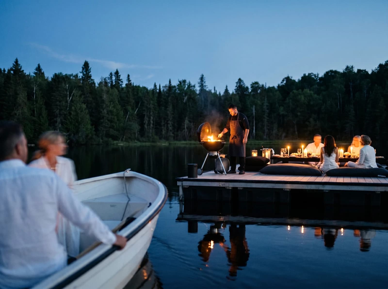 Chef privé sur le quai au crépuscule, le dîner dressé au bord du lac
