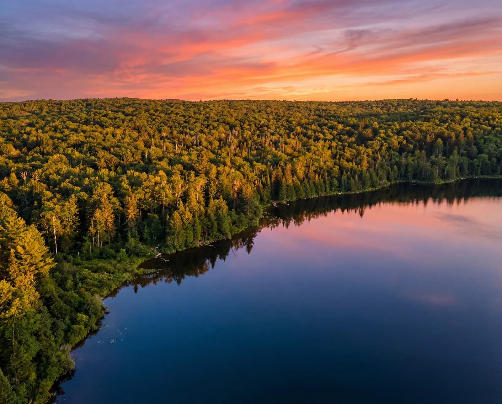 Lake with pink and orange sunset reflection, aerial view