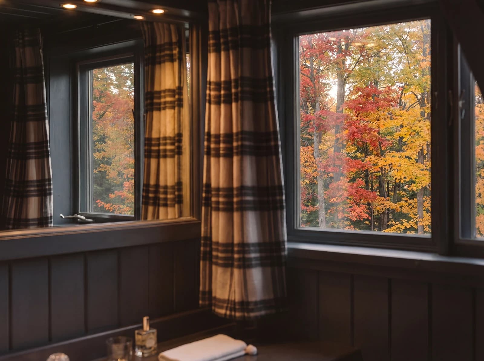 Bathroom windows overlooking autumn foliage