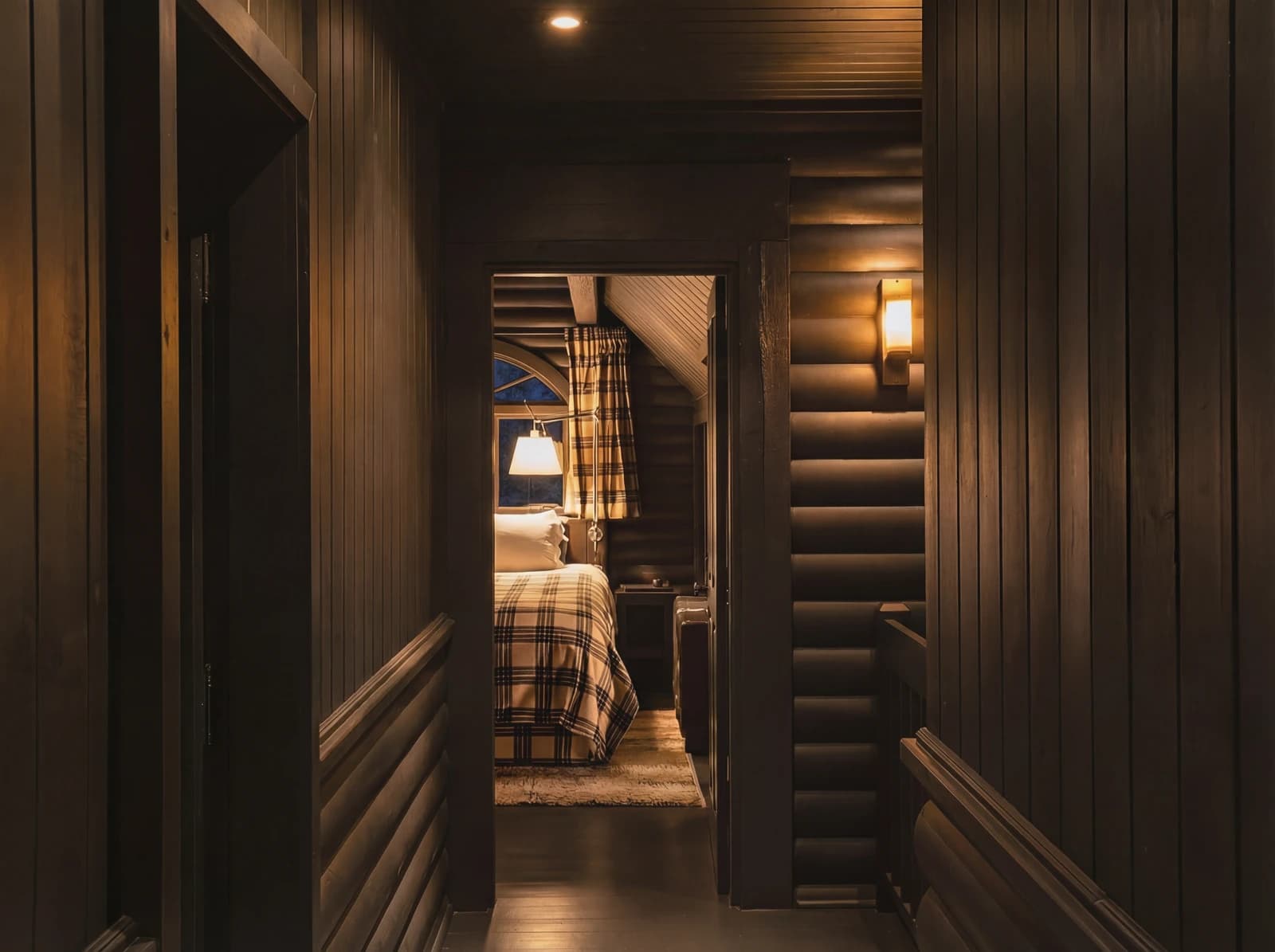 Dark wood hallway leading to bedroom