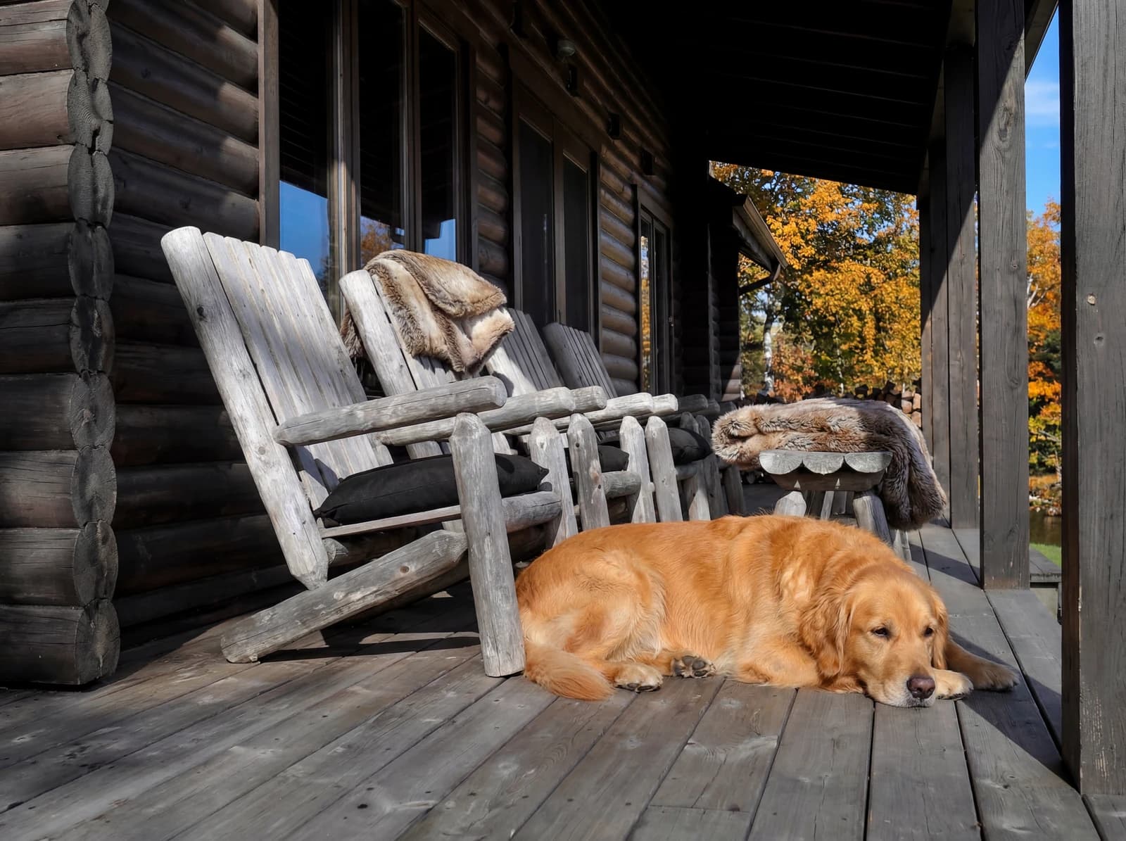 Golden retriever resting on the cabin porch