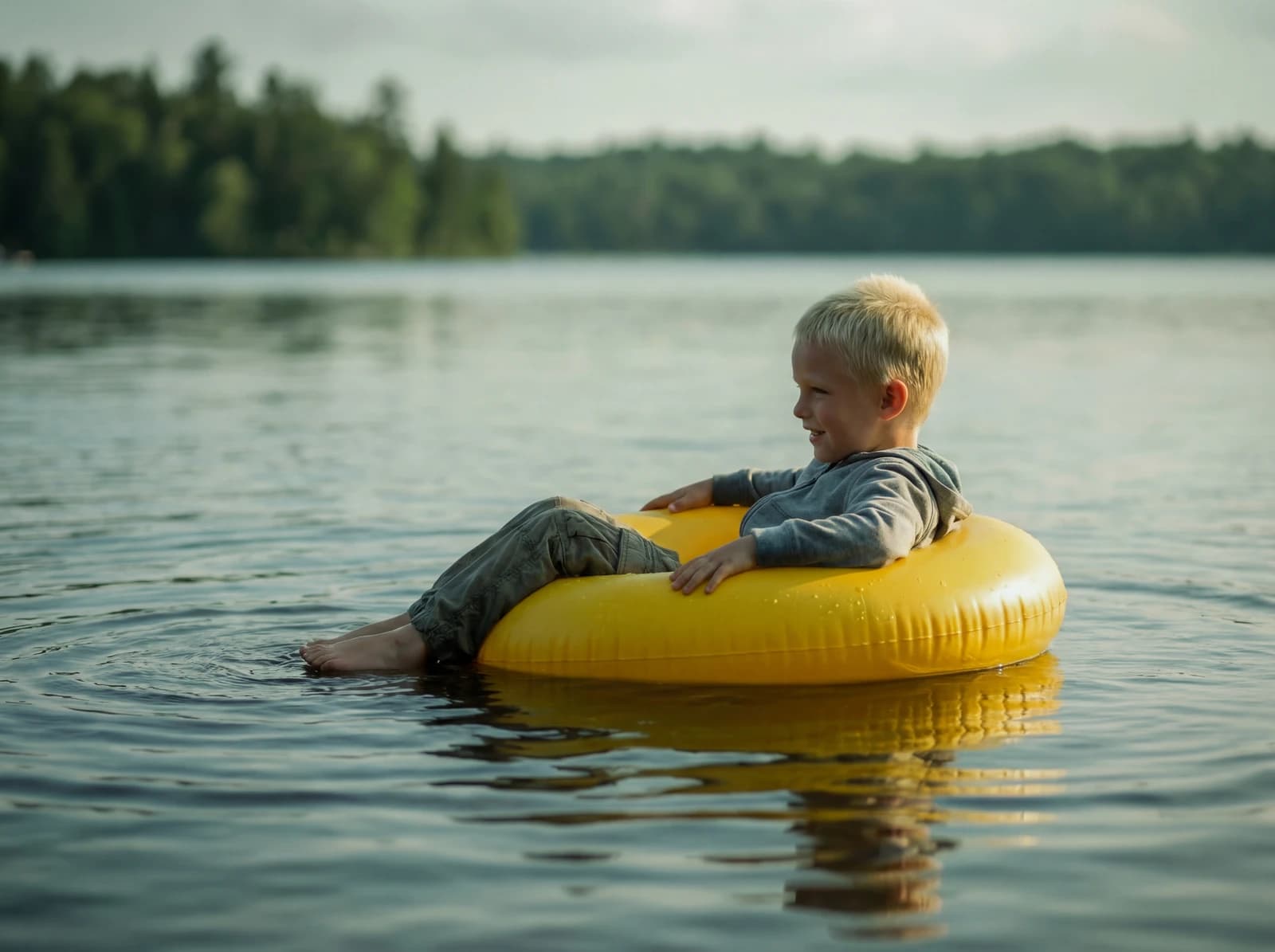 Kid floating on the lake
