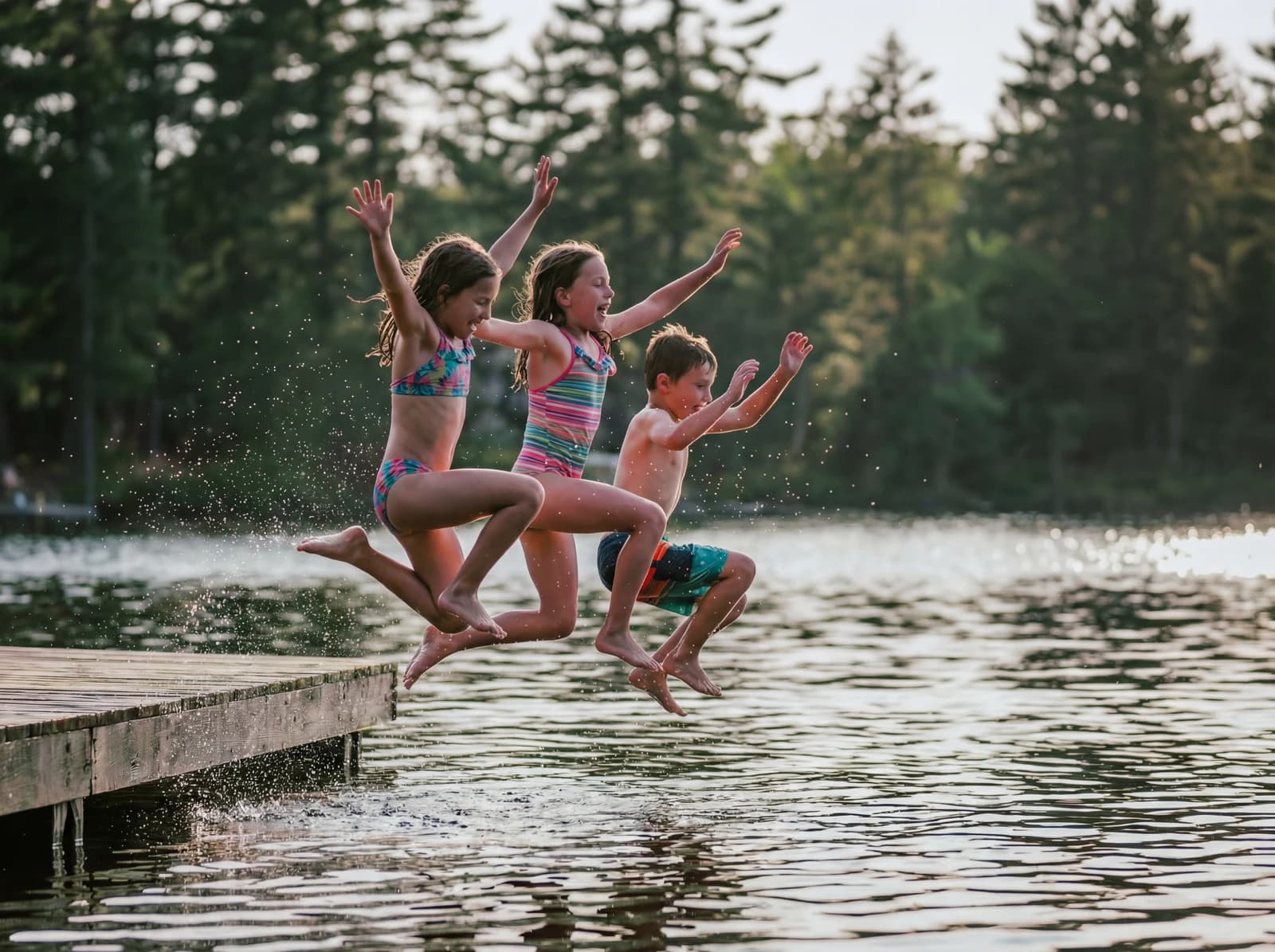 Kids jumping into the lake