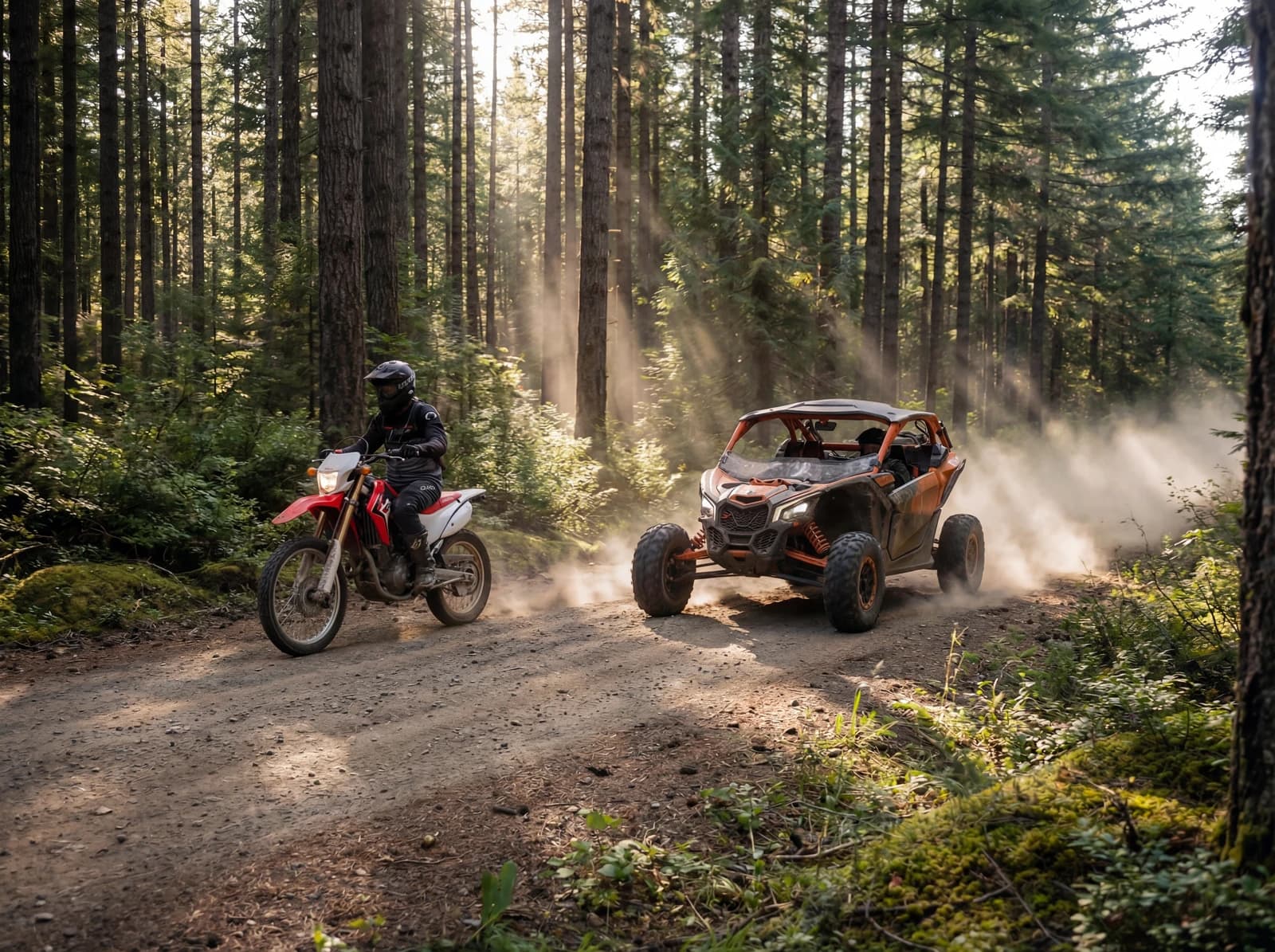 Motorcycle and UTV on trail