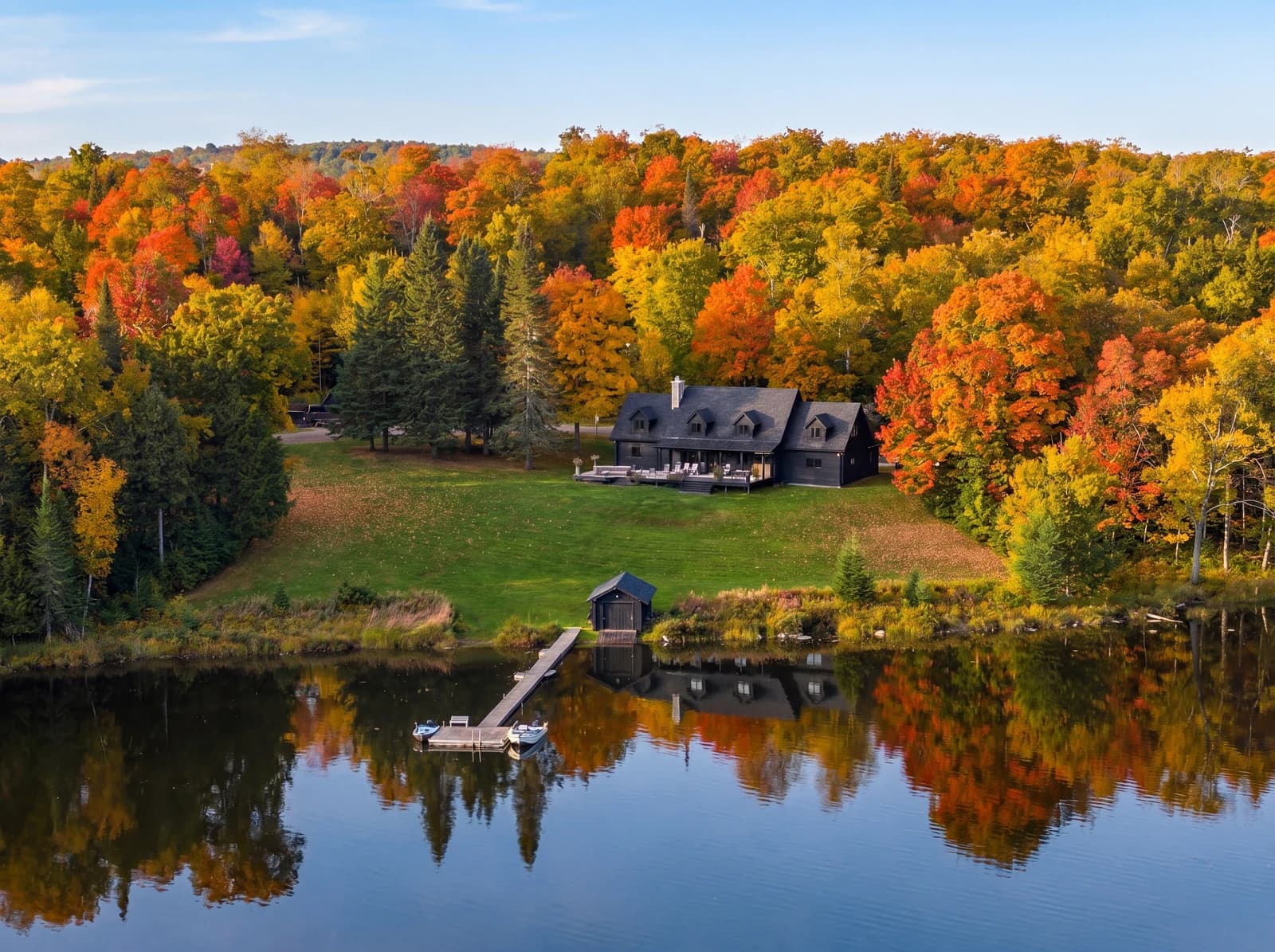 Vue aérienne de la résidence noire au bord du lac dans le feuillage d'automne