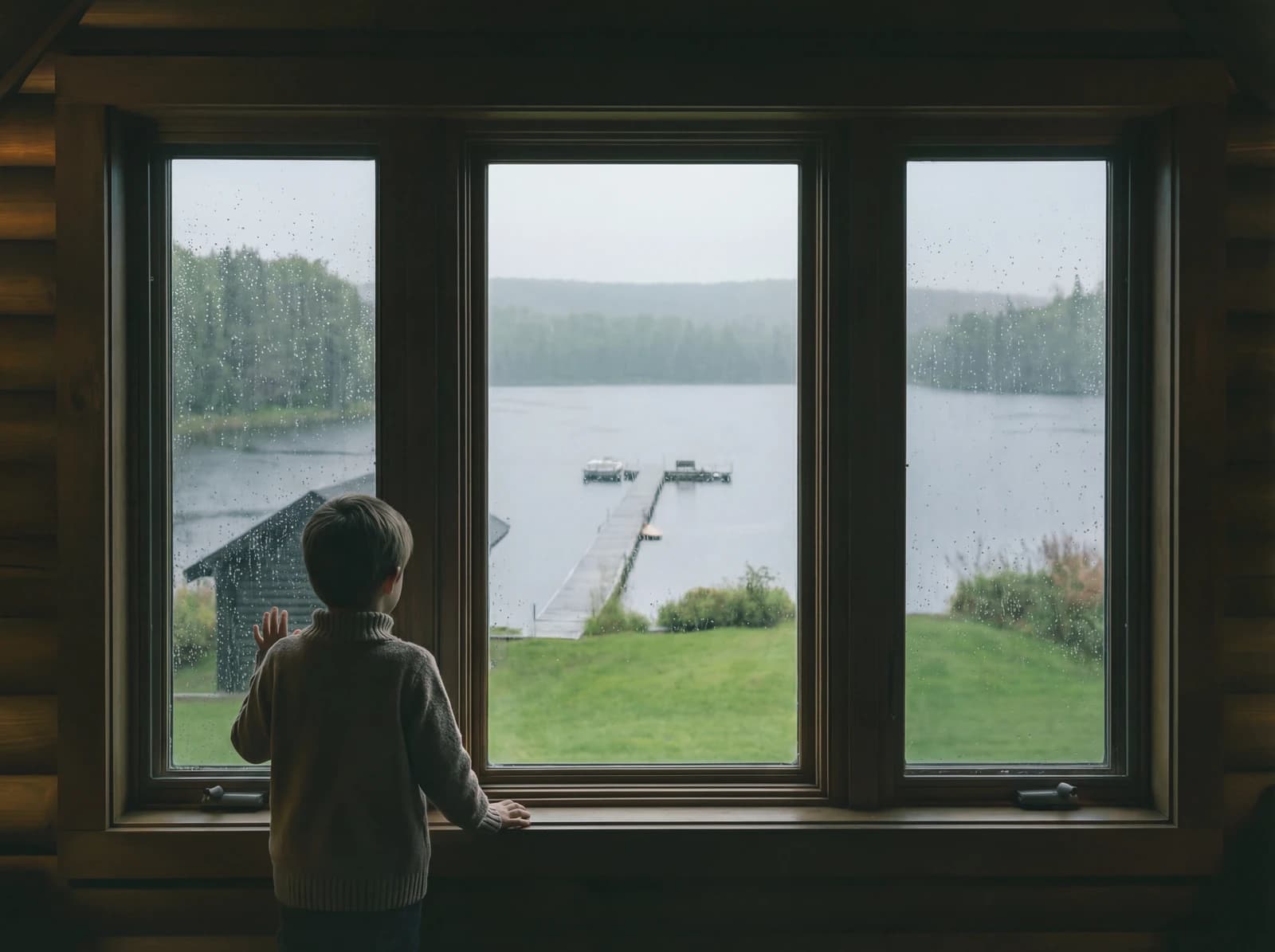 Boy looking out window at lake view