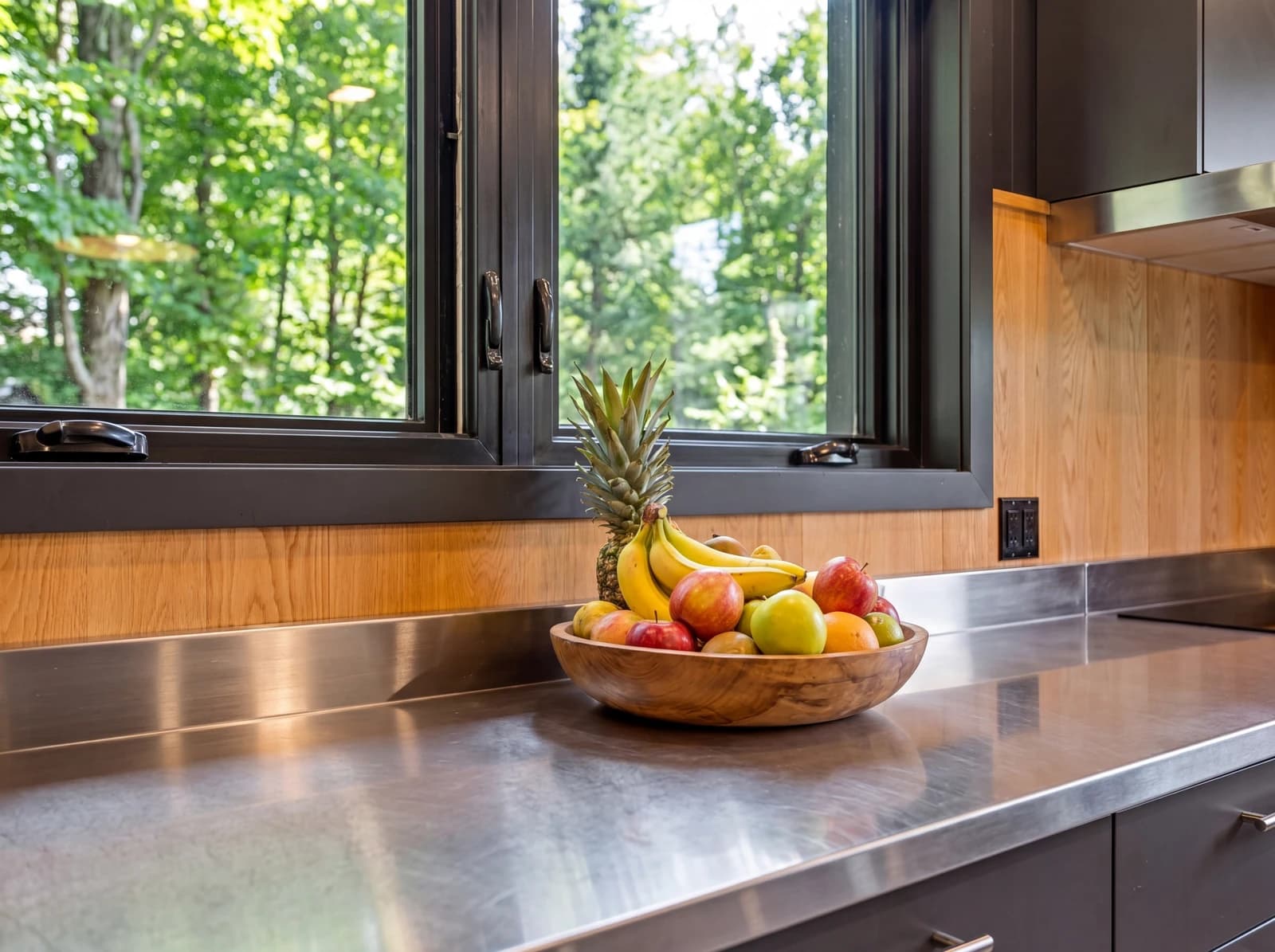 Stainless counter with fruit bowl and forest-view windows