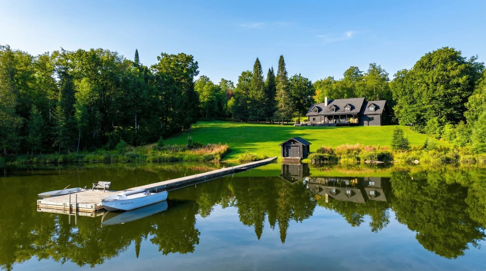 Aerial of the boathouse, dock and lake in summer