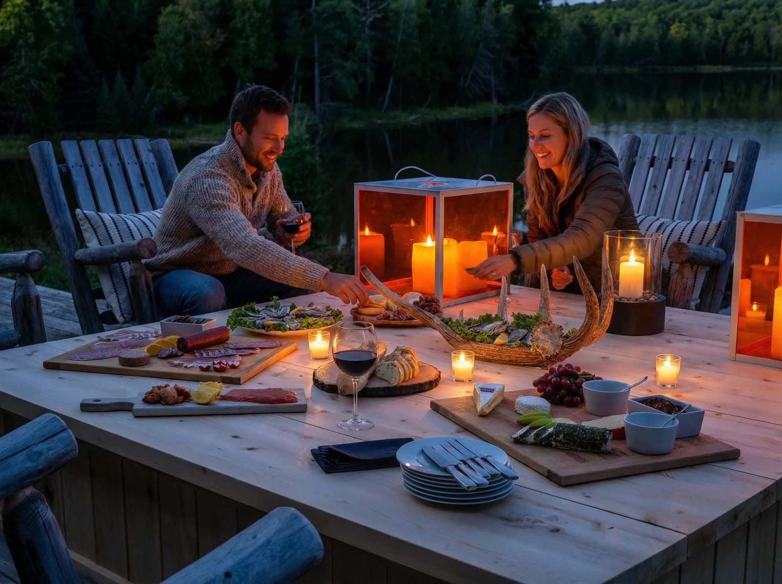 Couple at a candlelit dinner on the deck at dusk