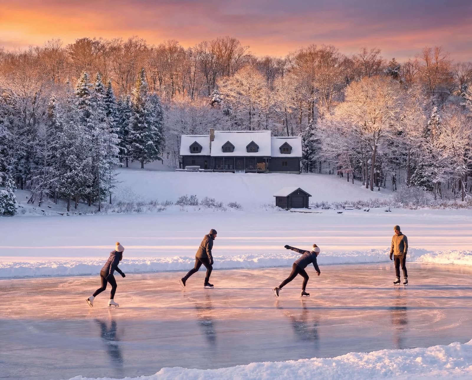 Skating on the frozen lake at dusk