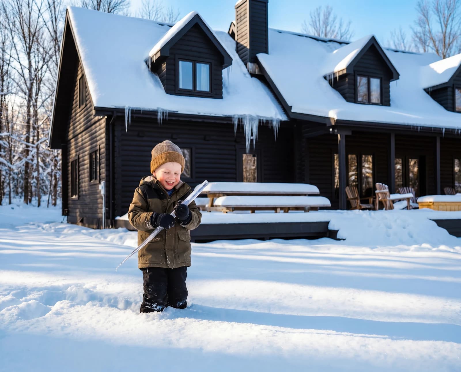 Child playing in the snow by the cabins