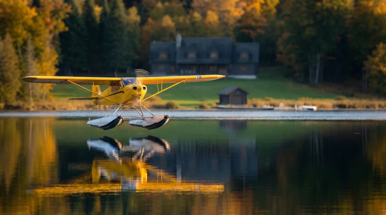 Floatplane moored on the lake, autumn forest behind