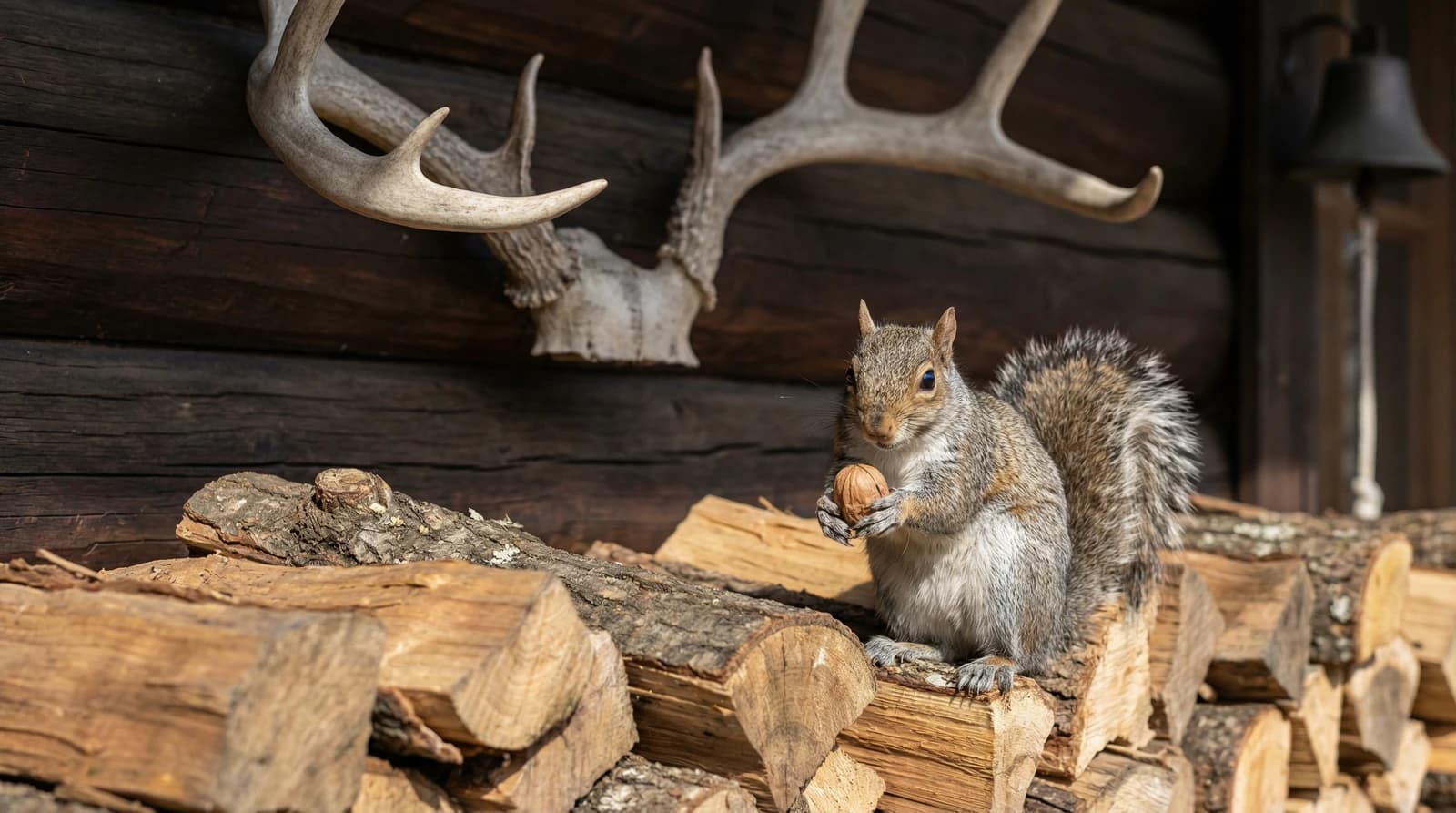 Red squirrel beside antlers and stacked firewood
