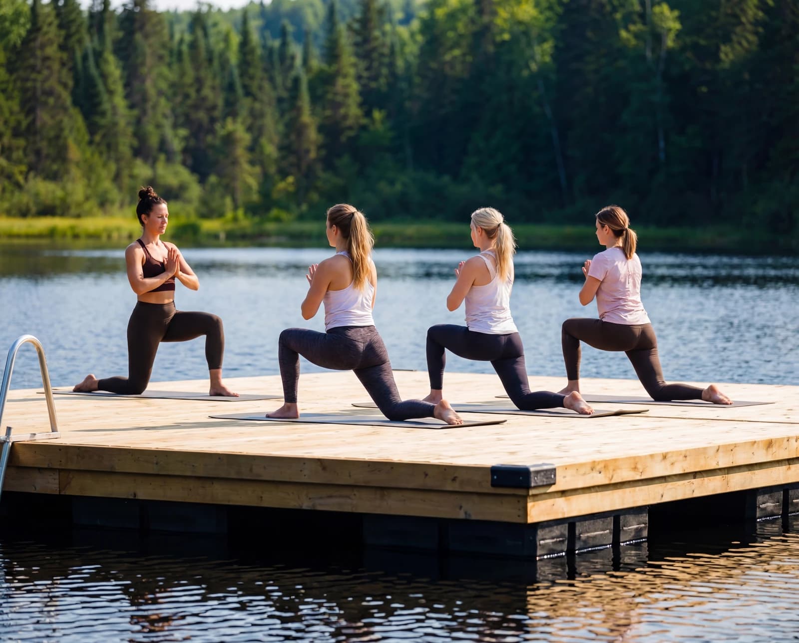 Group practising yoga on the lake platform